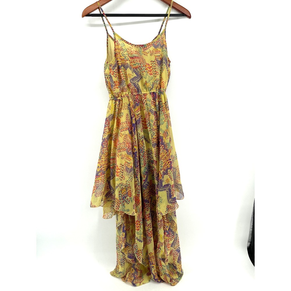 Angie High Low Maxi Dress Womens Small Yellow Flowy Artsy Festival Ethereal Boho - Picture 4 of 7